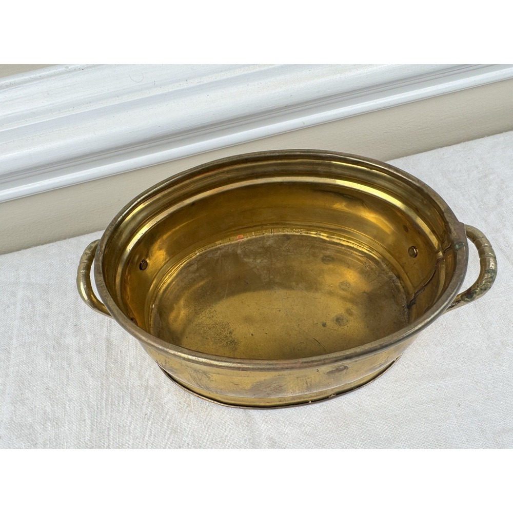 Vintage Solid Brass Oval Planter Bowl with Handles Footed Gold Centerpiece 8.5in - Picture 3 of 8